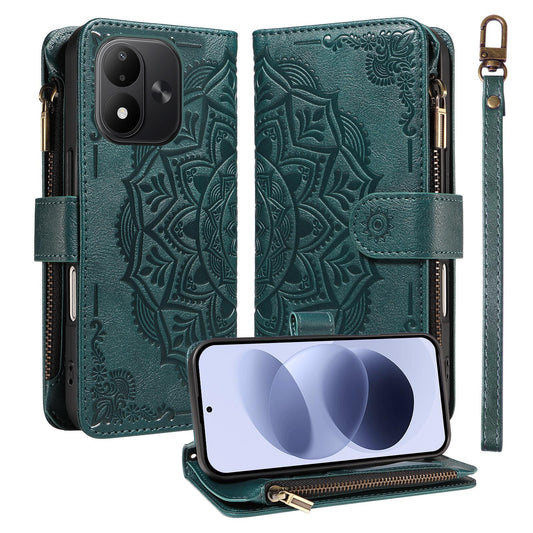 For Redmi Note 17 5G/4G Global 171mm Mandala Embossed 9-Card Zipper RFID Vegan Leather Phone Case with Short Lanyard(Green)