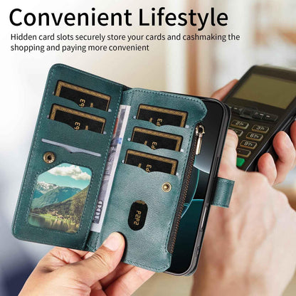 For Redmi Note 17 5G/4G Global 171mm Mandala Embossed 9-Card Zipper RFID Vegan Leather Phone Case with Short Lanyard(Green)