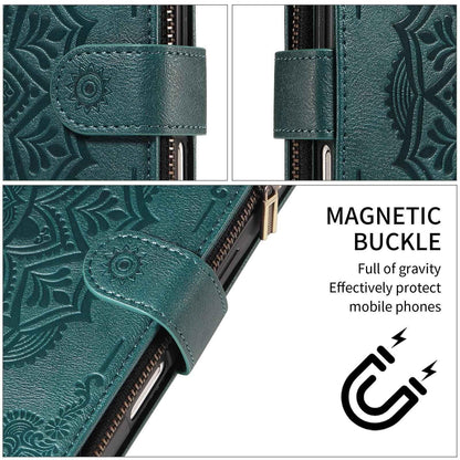 For Redmi Note 17 5G/4G Global 171mm Mandala Embossed 9-Card Zipper RFID Vegan Leather Phone Case with Short Lanyard(Green)