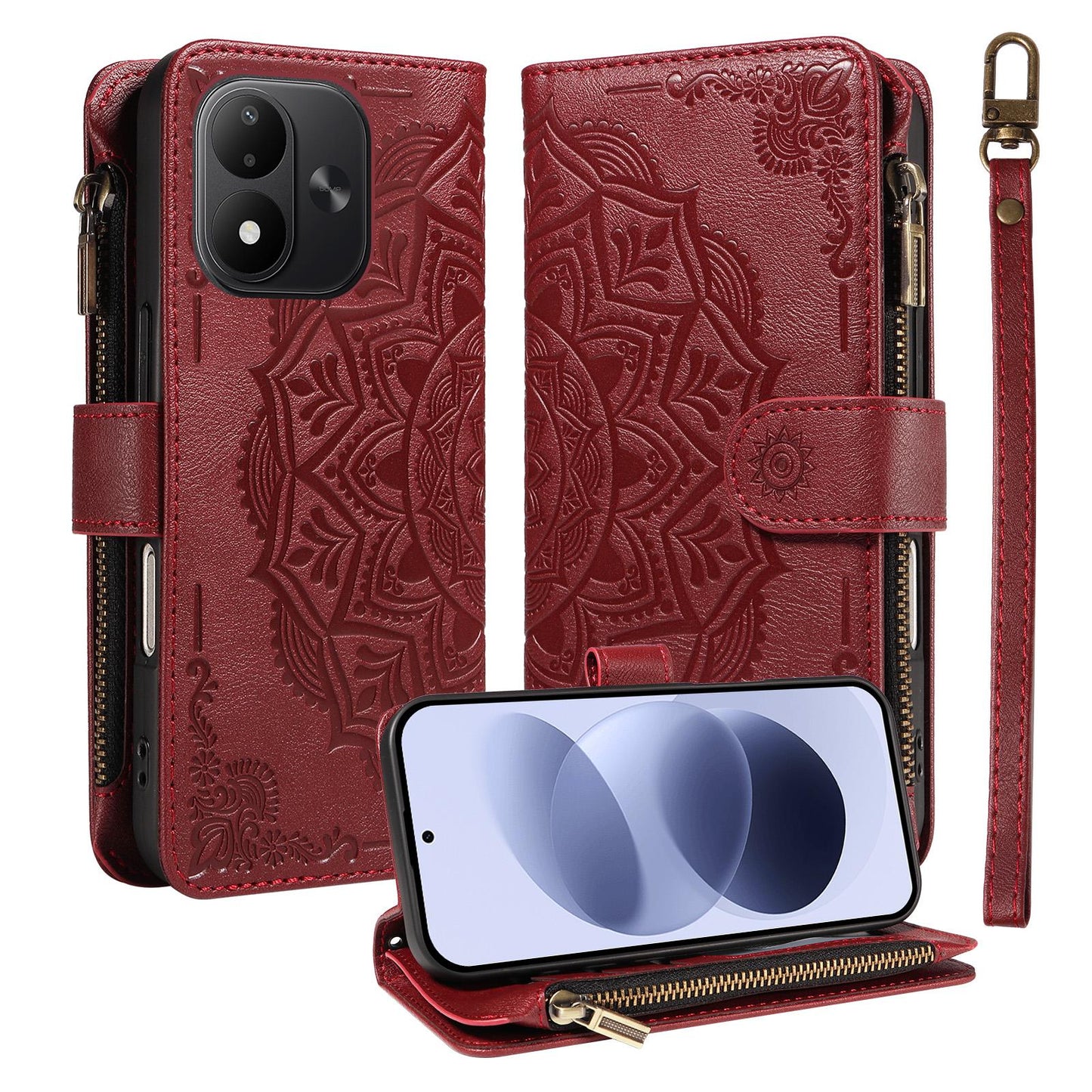 For Redmi Note 17 5G/4G Global 171mm Mandala Embossed 9-Card Zipper RFID Vegan Leather Phone Case with Short Lanyard(Wine Red)