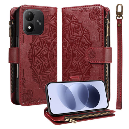 For Redmi Note 17 5G/4G Global 171mm Mandala Embossed 9-Card Zipper RFID Vegan Leather Phone Case with Short Lanyard(Wine Red)