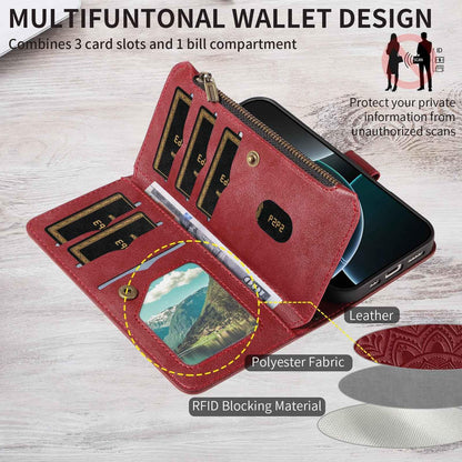 For Redmi Note 17 5G/4G Global 171mm Mandala Embossed 9-Card Zipper RFID Vegan Leather Phone Case with Short Lanyard(Wine Red)