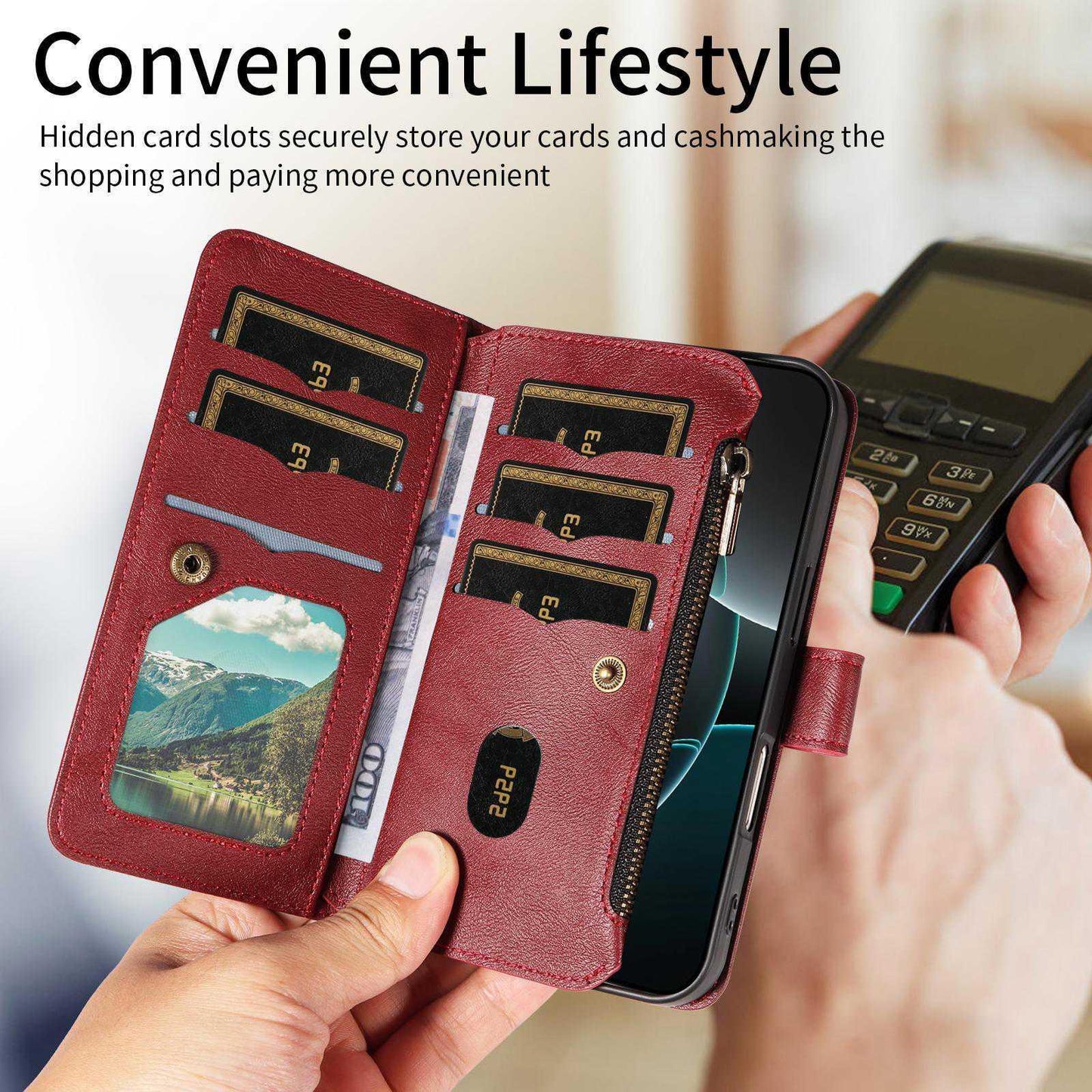 For Redmi Note 17 5G/4G Global 171mm Mandala Embossed 9-Card Zipper RFID Vegan Leather Phone Case with Short Lanyard(Wine Red)