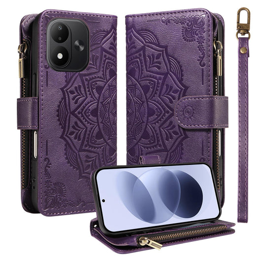 For Redmi Note 17 5G/4G Global 171mm Mandala Embossed 9-Card Zipper RFID Vegan Leather Phone Case with Short Lanyard(Purple)