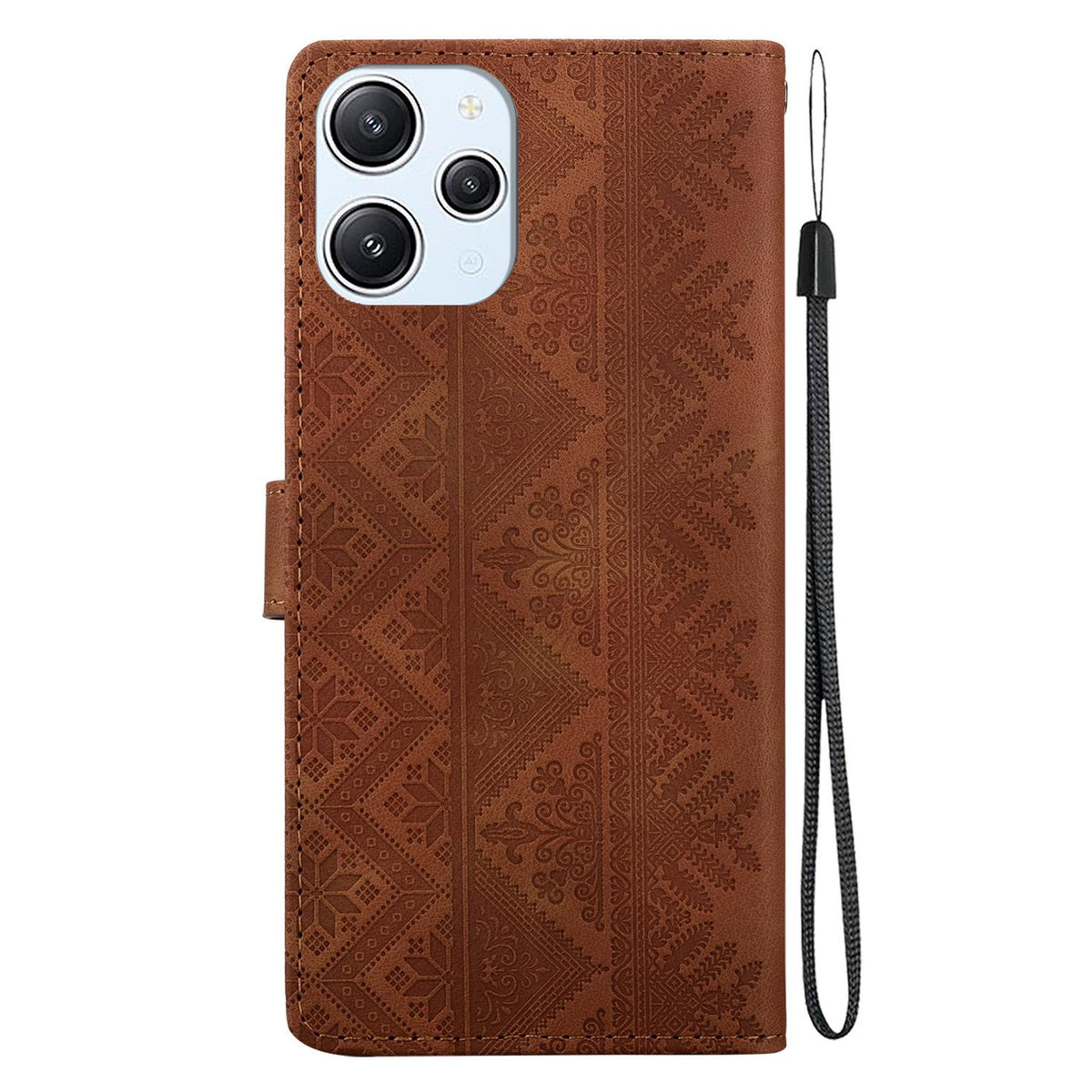For Redmi 12 / Note 12R / Poco M6 Pro 5G Ethnic Pattern Embossed Vegan Leather Phone Case - Brown - EDA009981001A