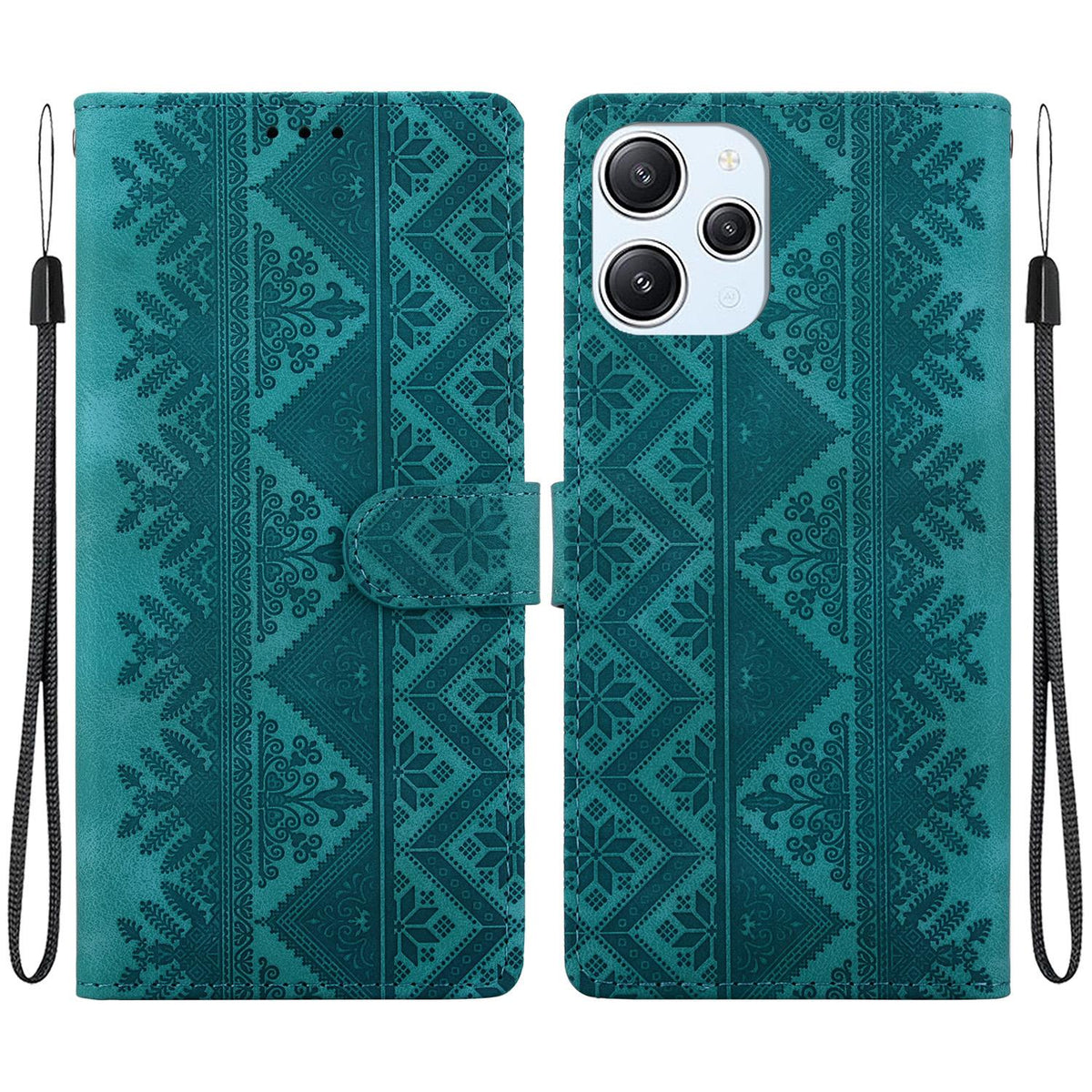 For Redmi 12 / Note 12R / Poco M6 Pro 5G Ethnic Pattern Embossed Vegan Leather Phone Case - Green - EDA009981001B
