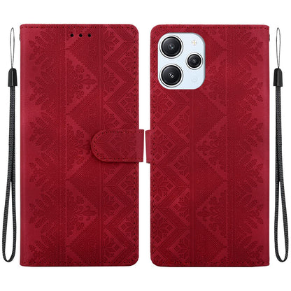 For Redmi 12 / Note 12R / Poco M6 Pro 5G Ethnic Pattern Embossed Vegan Leather Phone Case - Red - EDA009981001C