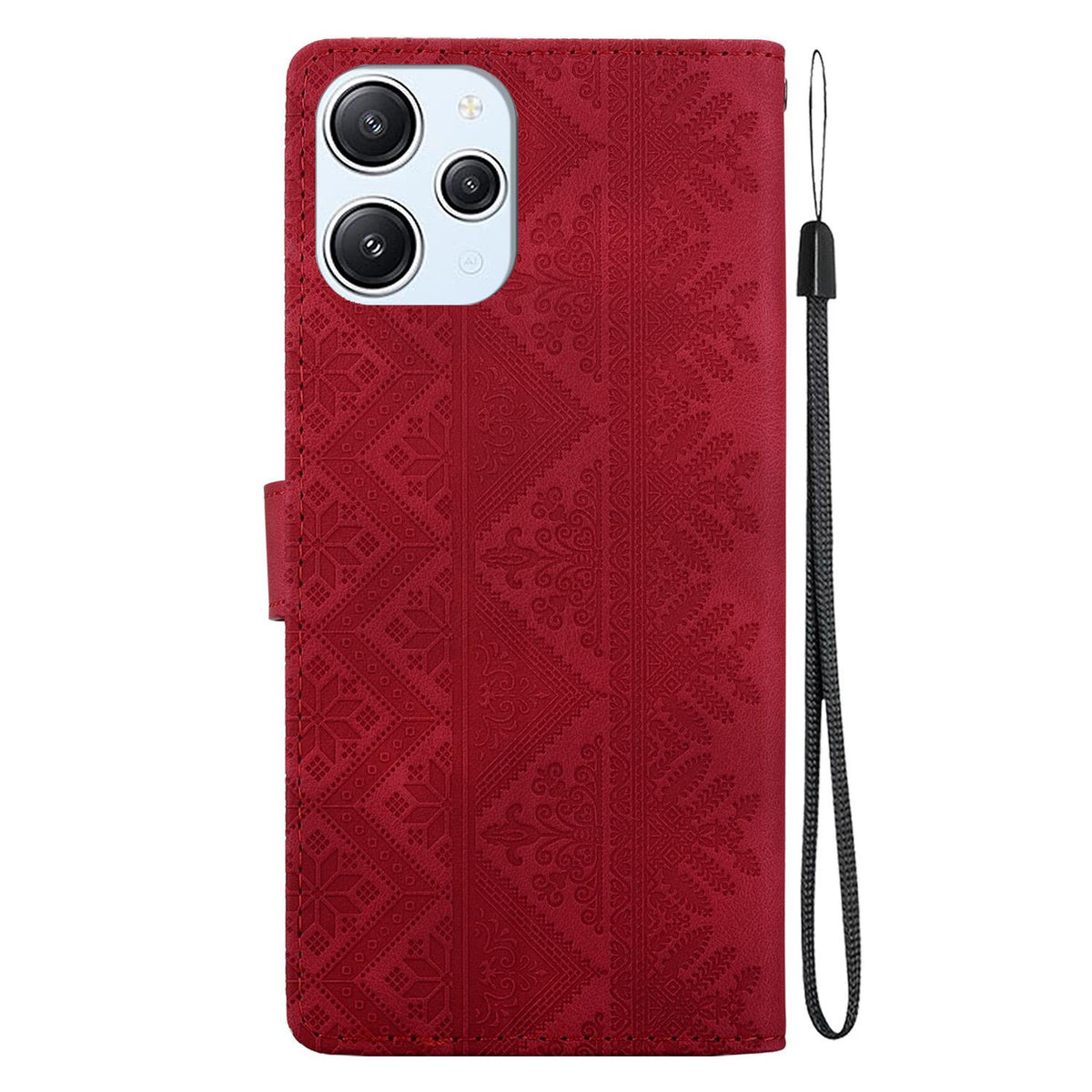 For Redmi 12 / Note 12R / Poco M6 Pro 5G Ethnic Pattern Embossed Vegan Leather Phone Case - Red - EDA009981001C
