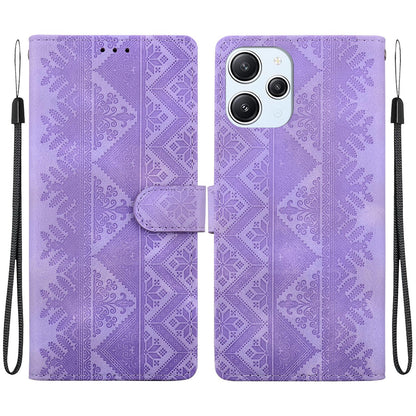 For Redmi 12 / Note 12R / Poco M6 Pro 5G Ethnic Pattern Embossed Vegan Leather Phone Case - Purple - EDA009981001D