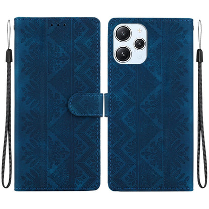 For Redmi 12 / Note 12R / Poco M6 Pro 5G Ethnic Pattern Embossed Vegan Leather Phone Case - Dark Blue - EDA009981001E