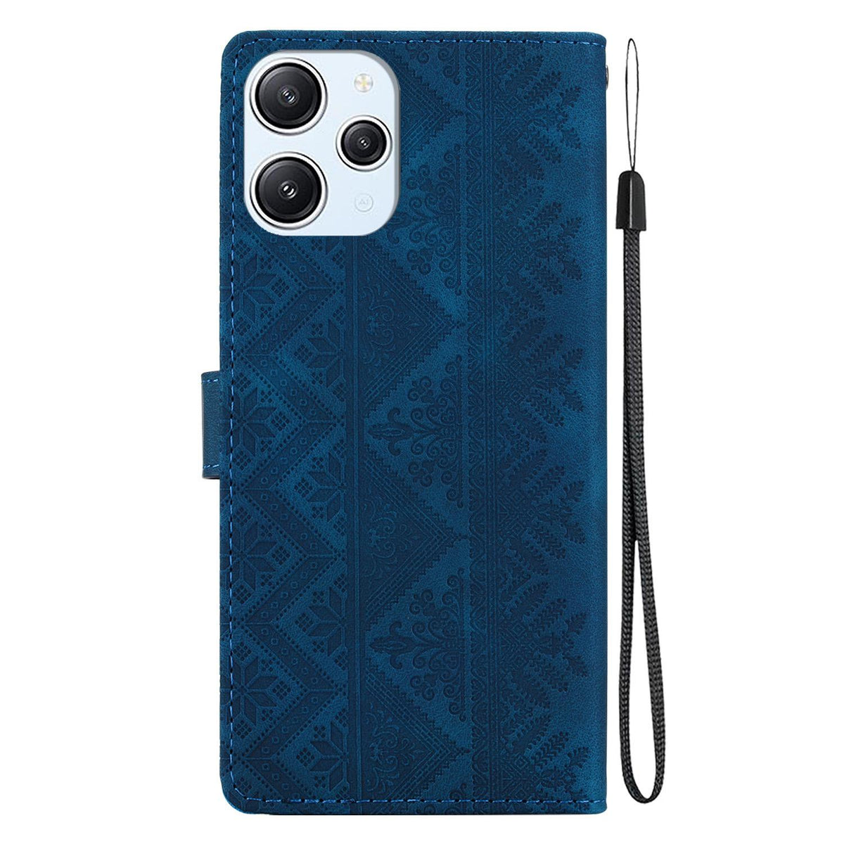 For Redmi 12 / Note 12R / Poco M6 Pro 5G Ethnic Pattern Embossed Vegan Leather Phone Case - Dark Blue - EDA009981001E