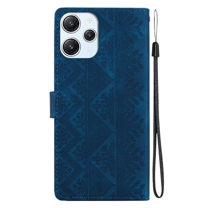 For Redmi 12 / Note 12R / Poco M6 Pro 5G Ethnic Pattern Embossed Vegan Leather Phone Case - Dark Blue - EDA009981001E