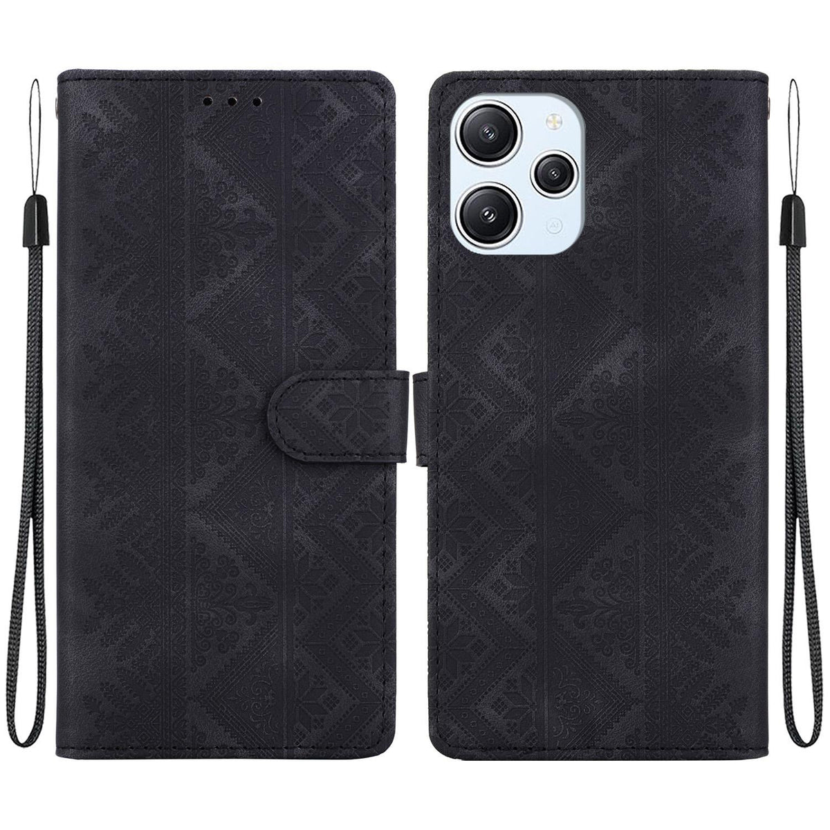 For Redmi 12 / Note 12R / Poco M6 Pro 5G Ethnic Pattern Embossed Vegan Leather Phone Case - Black - EDA009981001F