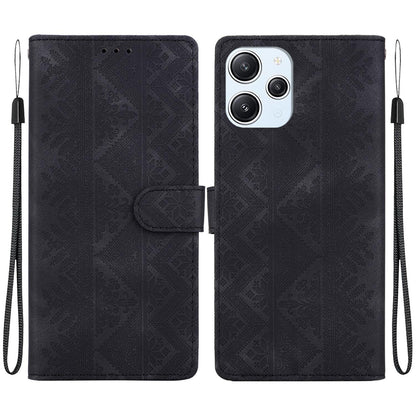 For Redmi 12 / Note 12R / Poco M6 Pro 5G Ethnic Pattern Embossed Vegan Leather Phone Case - Black - EDA009981001F