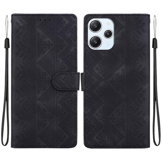 For Redmi 12 / Note 12R / Poco M6 Pro 5G Ethnic Pattern Embossed Vegan Leather Phone Case - Black - EDA009981001F