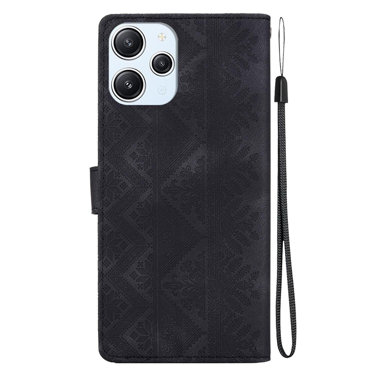 For Redmi 12 / Note 12R / Poco M6 Pro 5G Ethnic Pattern Embossed Vegan Leather Phone Case - Black - EDA009981001F