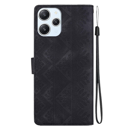 For Redmi 12 / Note 12R / Poco M6 Pro 5G Ethnic Pattern Embossed Vegan Leather Phone Case - Black - EDA009981001F