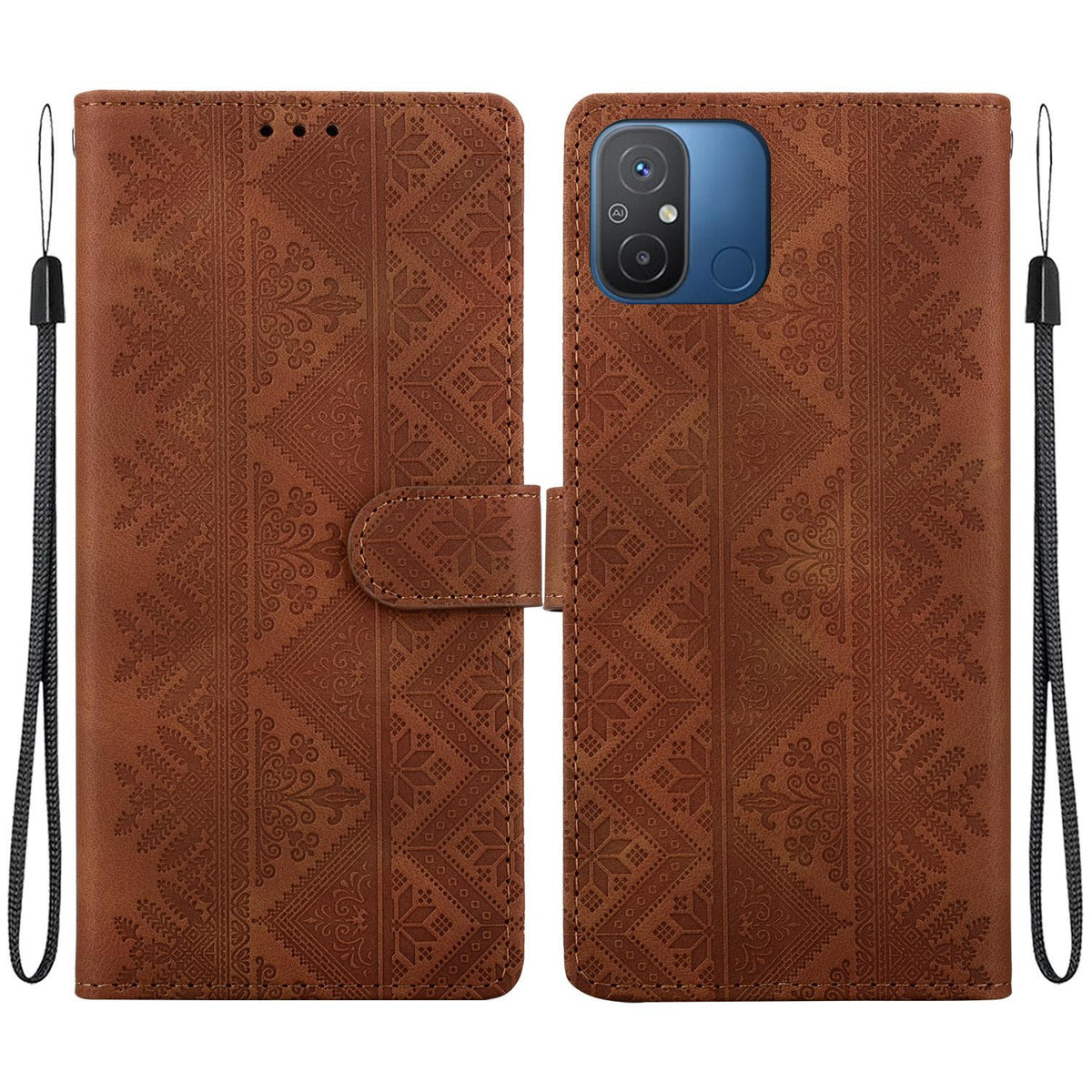 For Redmi 12C / Redmi 11A Ethnic Pattern Embossed Vegan Leather Phone Case - Brown - EDA009981002A