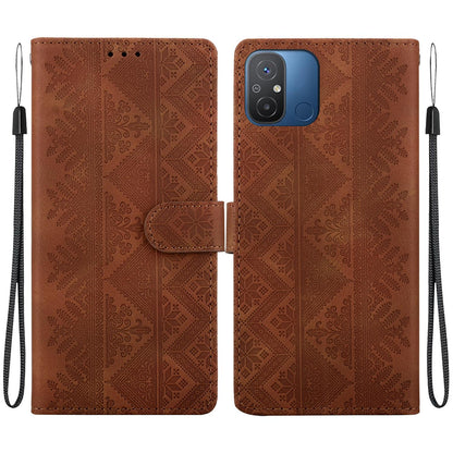 For Redmi 12C / Redmi 11A Ethnic Pattern Embossed Vegan Leather Phone Case - Brown - EDA009981002A