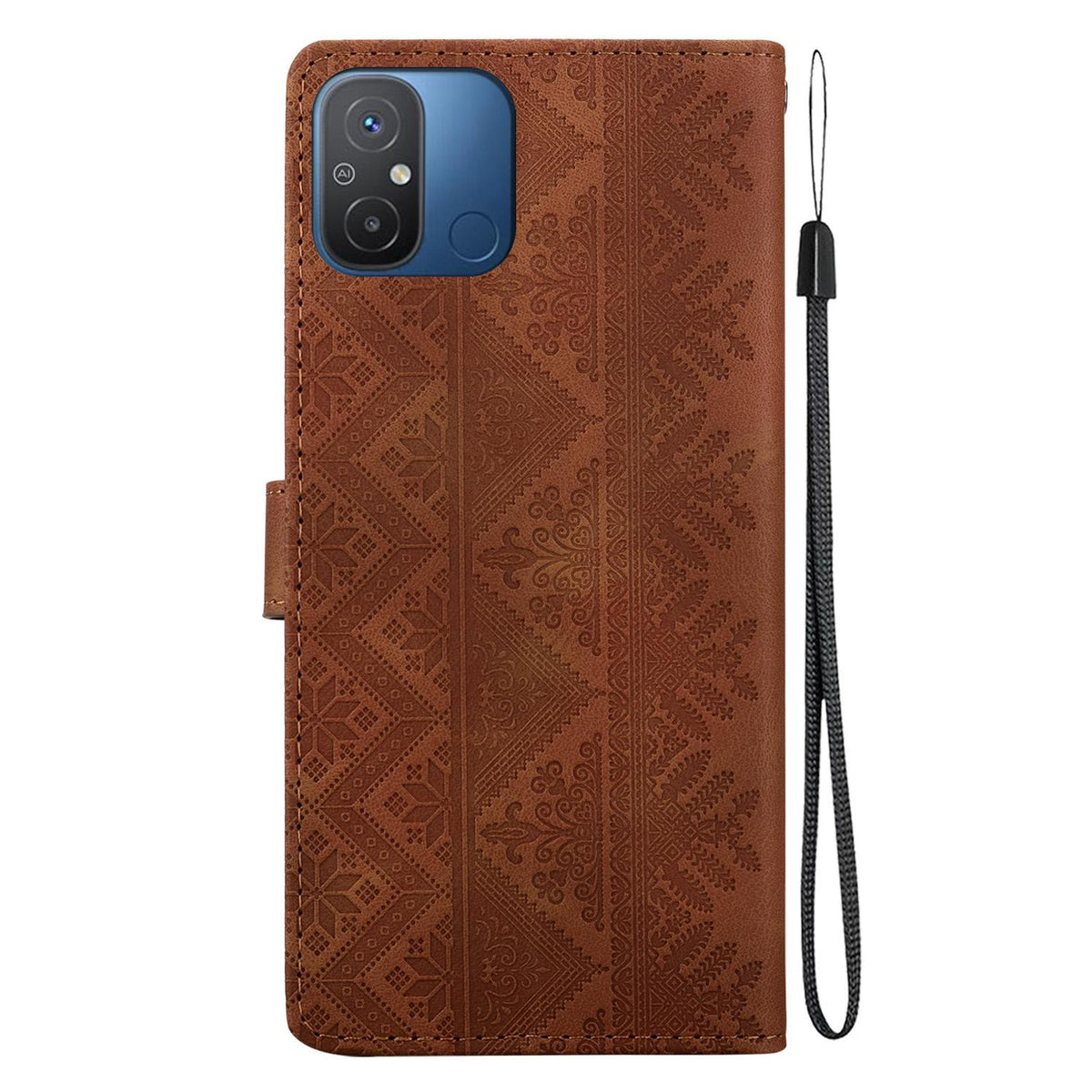 For Redmi 12C / Redmi 11A Ethnic Pattern Embossed Vegan Leather Phone Case - Brown - EDA009981002A