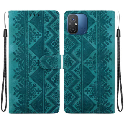 For Redmi 12C / Redmi 11A Ethnic Pattern Embossed Vegan Leather Phone Case - Green - EDA009981002B