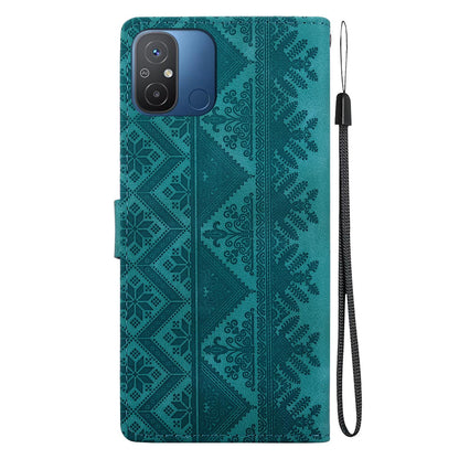 For Redmi 12C / Redmi 11A Ethnic Pattern Embossed Vegan Leather Phone Case - Green - EDA009981002B