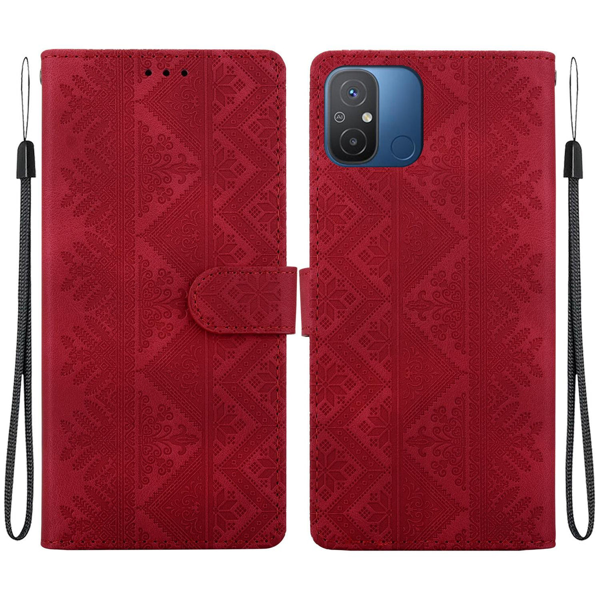 For Redmi 12C / Redmi 11A Ethnic Pattern Embossed Vegan Leather Phone Case - Red - EDA009981002C