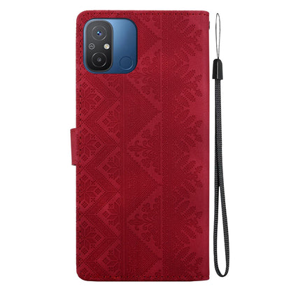 For Redmi 12C / Redmi 11A Ethnic Pattern Embossed Vegan Leather Phone Case - Red - EDA009981002C