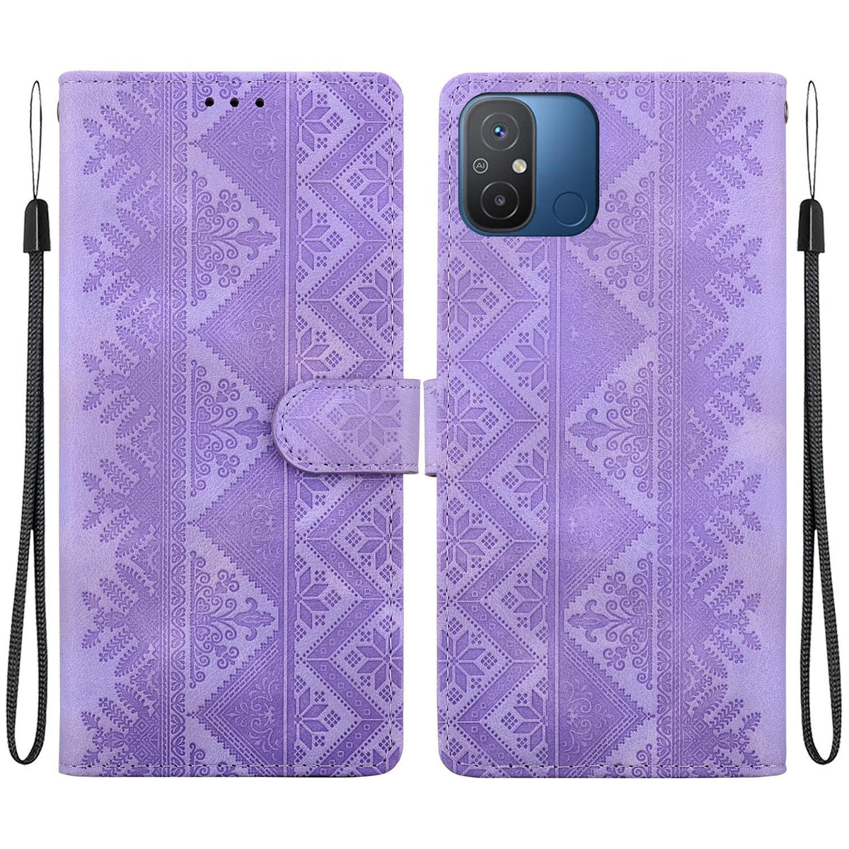 For Redmi 12C / Redmi 11A Ethnic Pattern Embossed Vegan Leather Phone Case - Purple - EDA009981002D