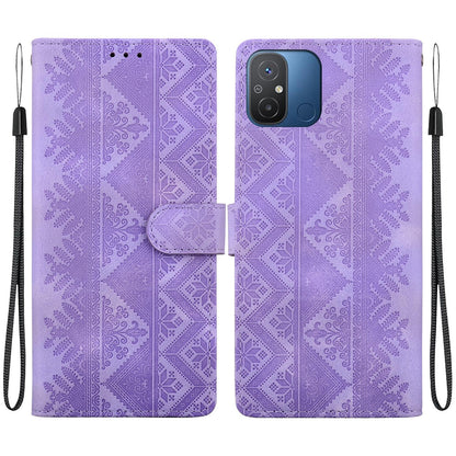 For Redmi 12C / Redmi 11A Ethnic Pattern Embossed Vegan Leather Phone Case - Purple - EDA009981002D