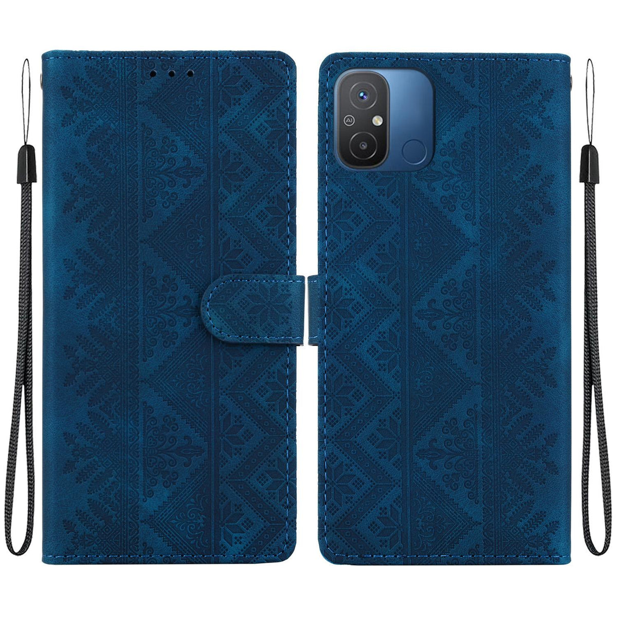 For Redmi 12C / Redmi 11A Ethnic Pattern Embossed Vegan Leather Phone Case - Dark Blue - EDA009981002E