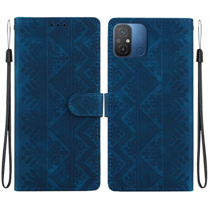 For Redmi 12C / Redmi 11A Ethnic Pattern Embossed Vegan Leather Phone Case - Dark Blue - EDA009981002E