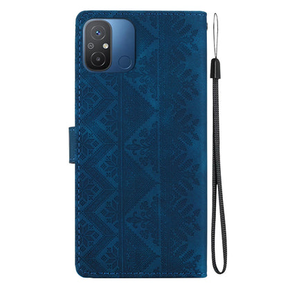 For Redmi 12C / Redmi 11A Ethnic Pattern Embossed Vegan Leather Phone Case - Dark Blue - EDA009981002E