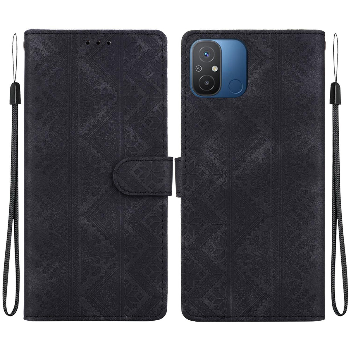 For Redmi 12C / Redmi 11A Ethnic Pattern Embossed Vegan Leather Phone Case - Black - EDA009981002F