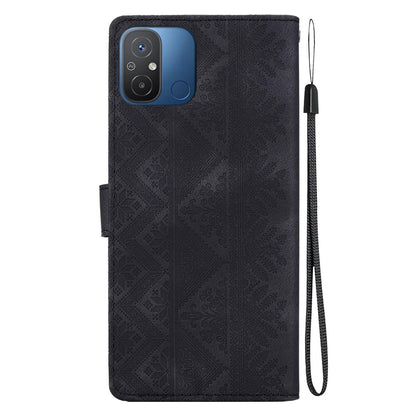 For Redmi 12C / Redmi 11A Ethnic Pattern Embossed Vegan Leather Phone Case - Black - EDA009981002F