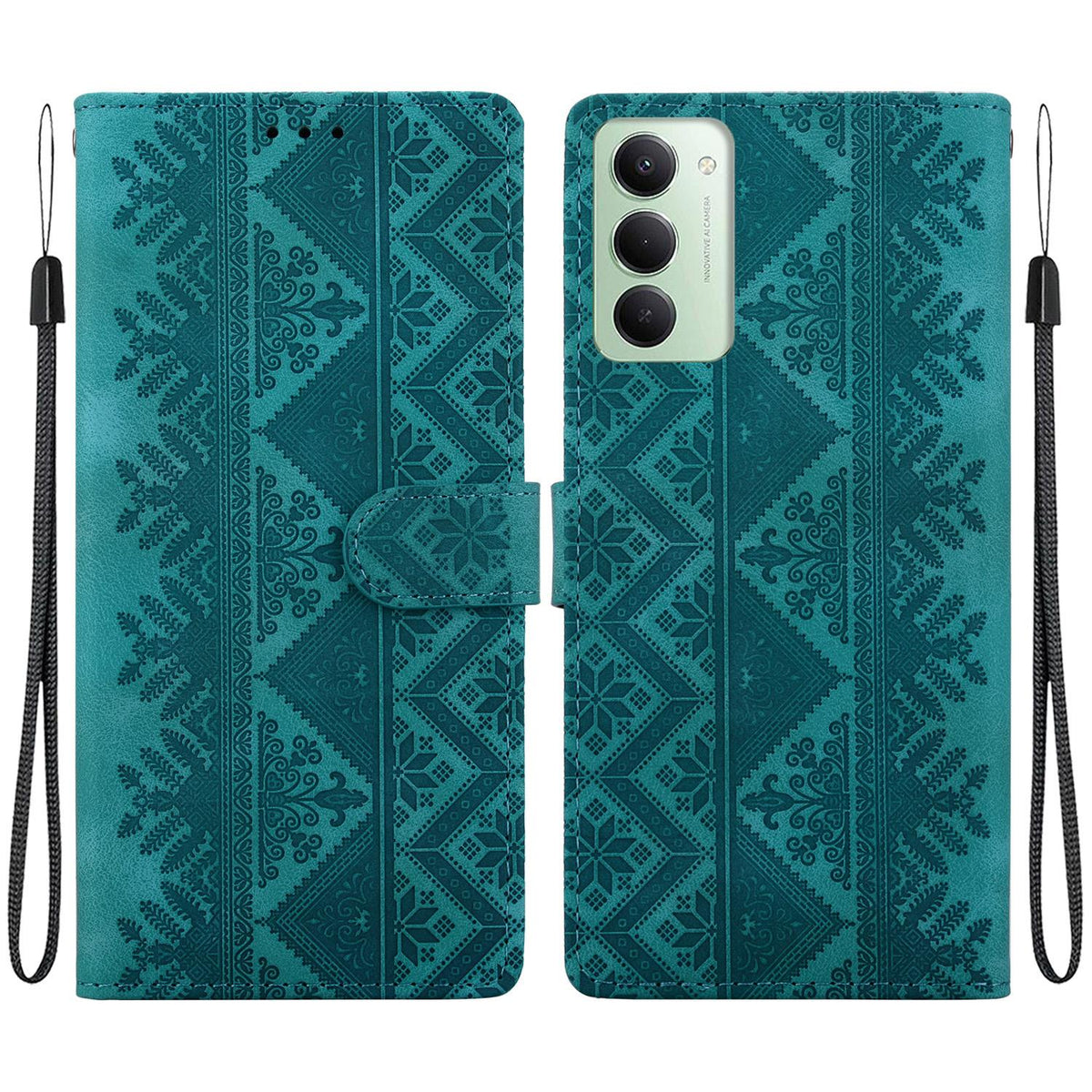 For Redmi 15 5G Global / 15 4G SEA 169.5mm Ethnic Pattern Embossed Vegan Leather Phone Case - Green - EDA009981004B