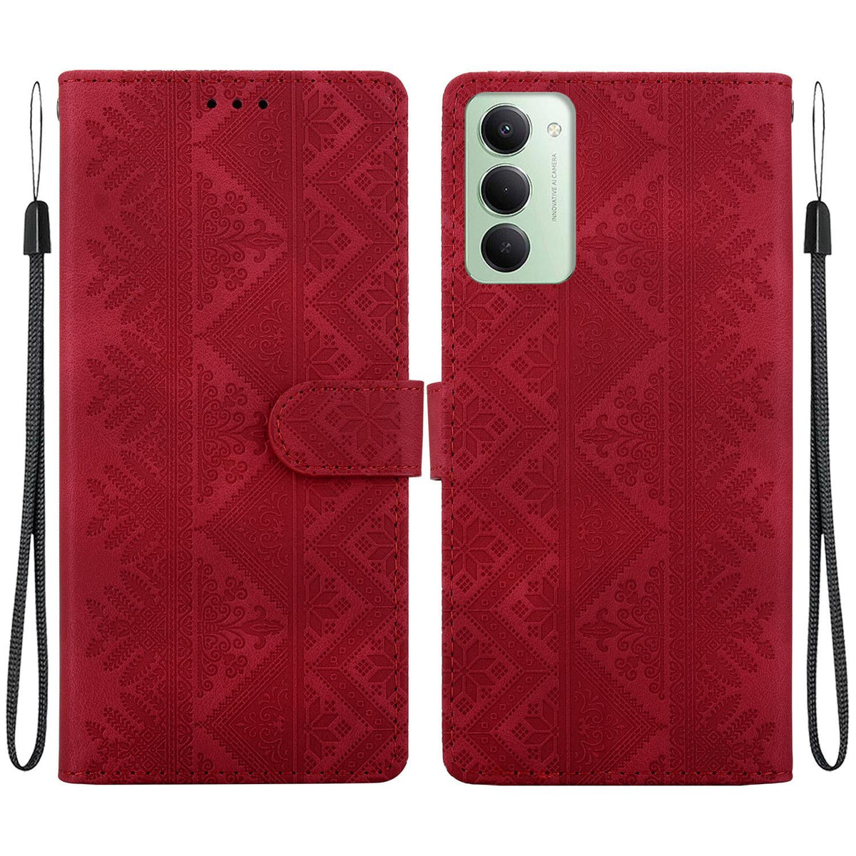 For Redmi 15 5G Global / 15 4G SEA 169.5mm Ethnic Pattern Embossed Vegan Leather Phone Case - Red - EDA009981004C