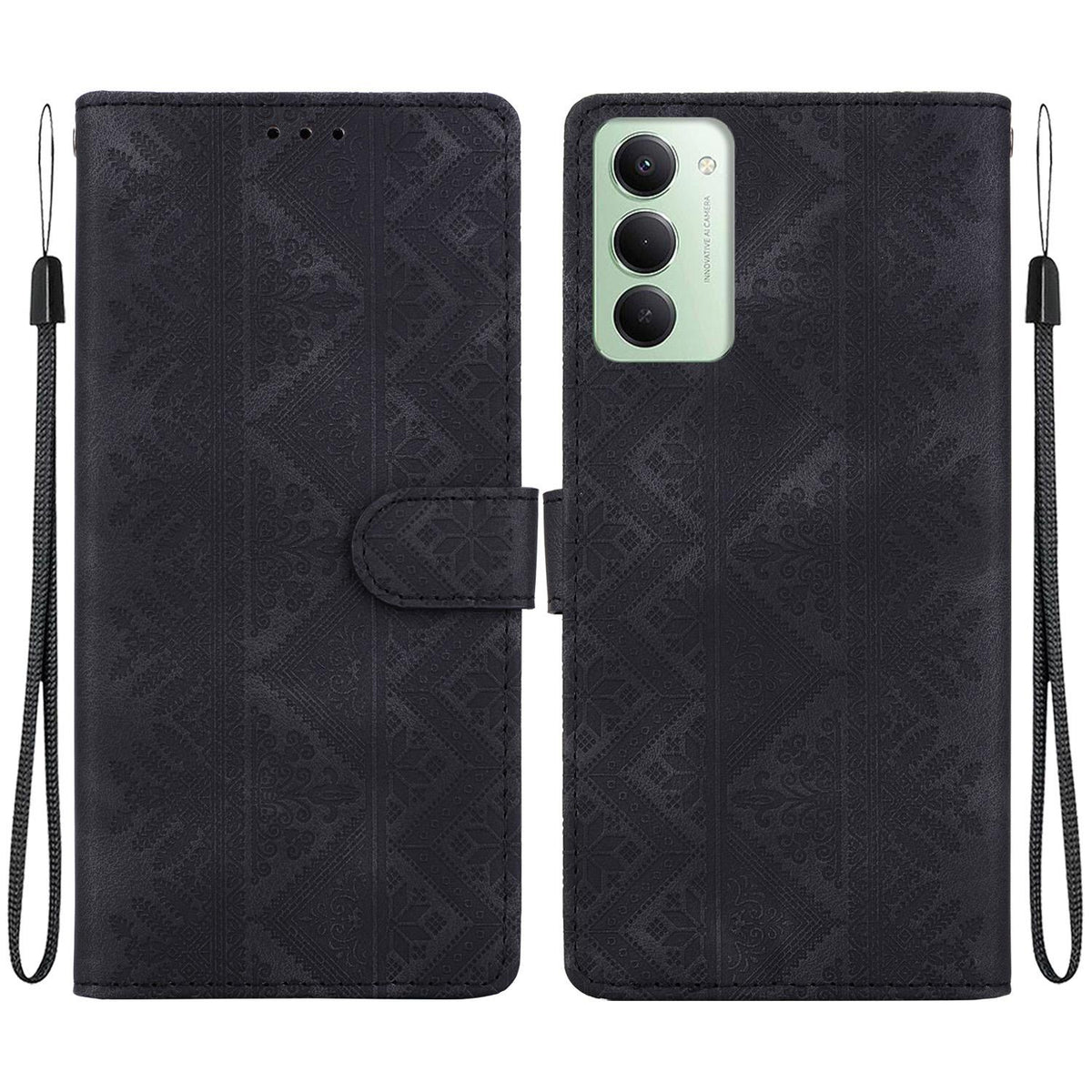For Redmi 15 5G Global / 15 4G SEA 169.5mm Ethnic Pattern Embossed Vegan Leather Phone Case - Black - EDA009981004F