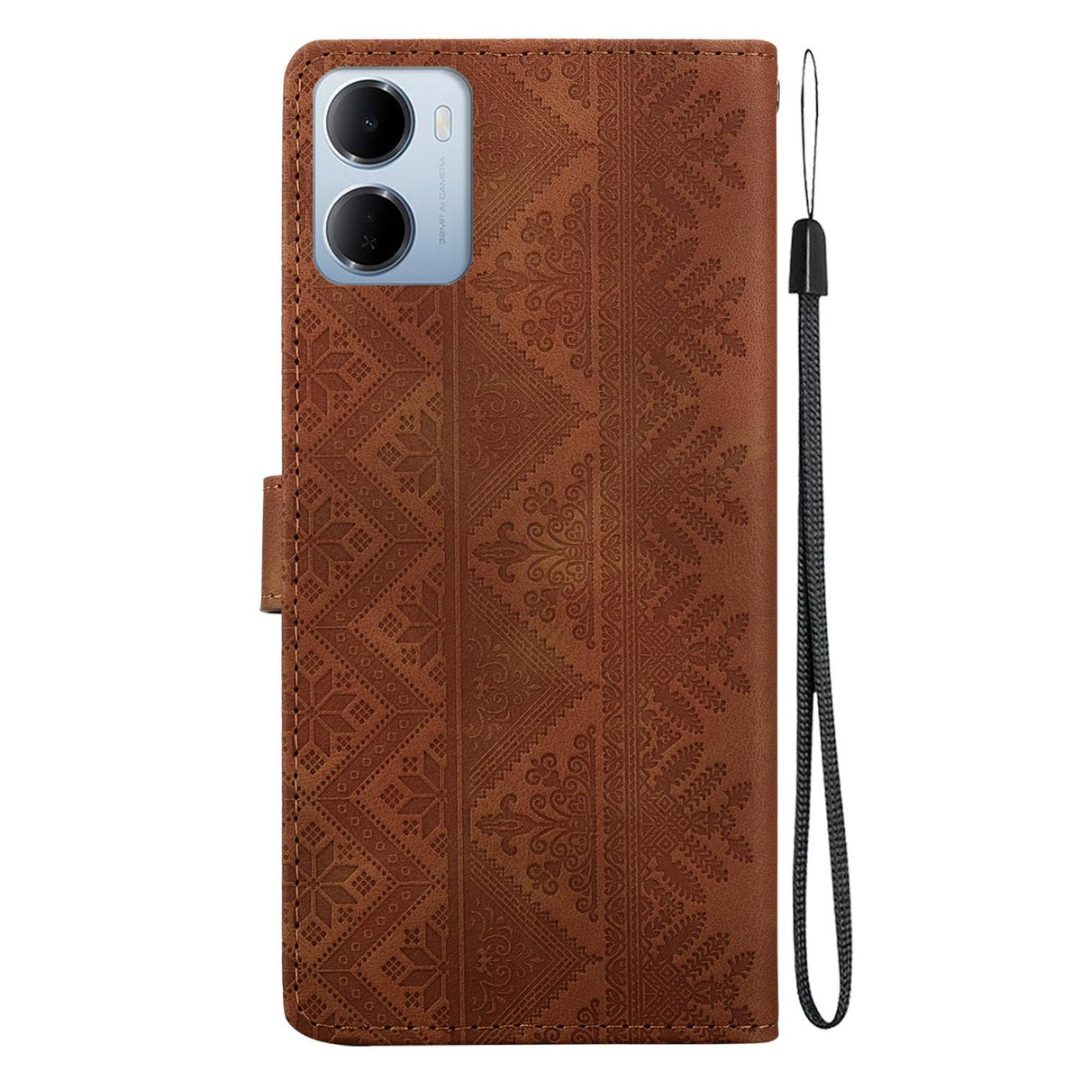 For Redmi 15a 5G Ethnic Pattern Embossed Vegan Leather Phone Case - Brown - EDA009981006A