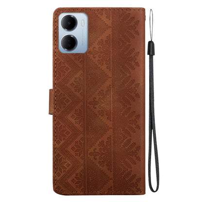 For Redmi 15a 5G Ethnic Pattern Embossed Vegan Leather Phone Case - Brown - EDA009981006A