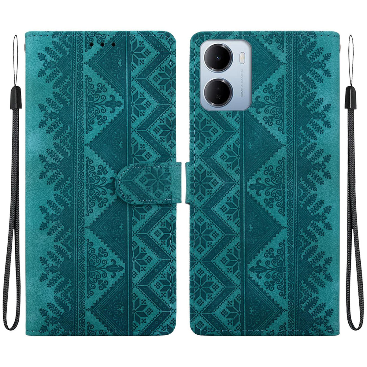 For Redmi 15a 5G Ethnic Pattern Embossed Vegan Leather Phone Case - Green - EDA009981006B