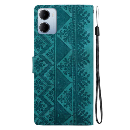 For Redmi 15a 5G Ethnic Pattern Embossed Vegan Leather Phone Case - Green - EDA009981006B