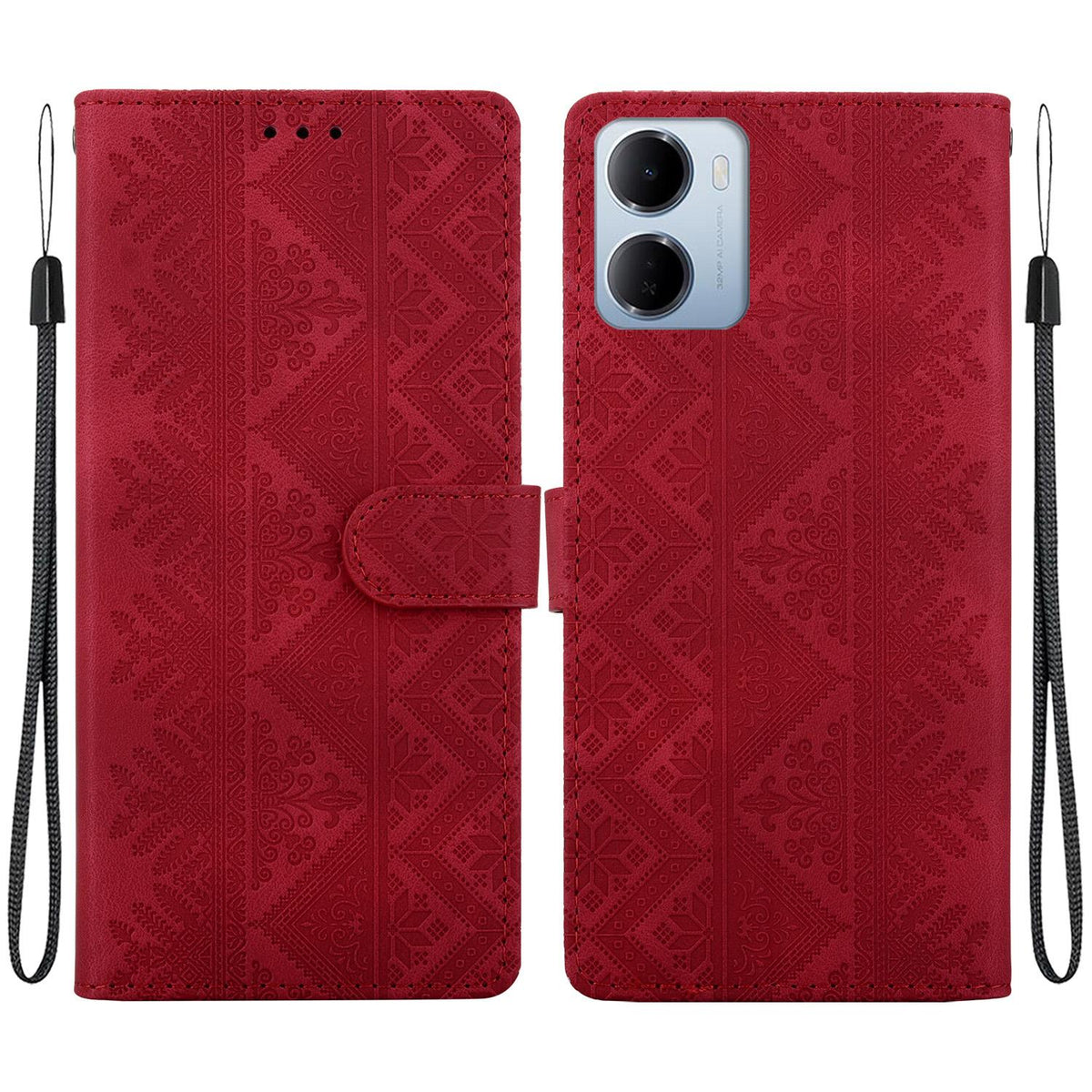 For Redmi 15a 5G Ethnic Pattern Embossed Vegan Leather Phone Case - Red - EDA009981006C
