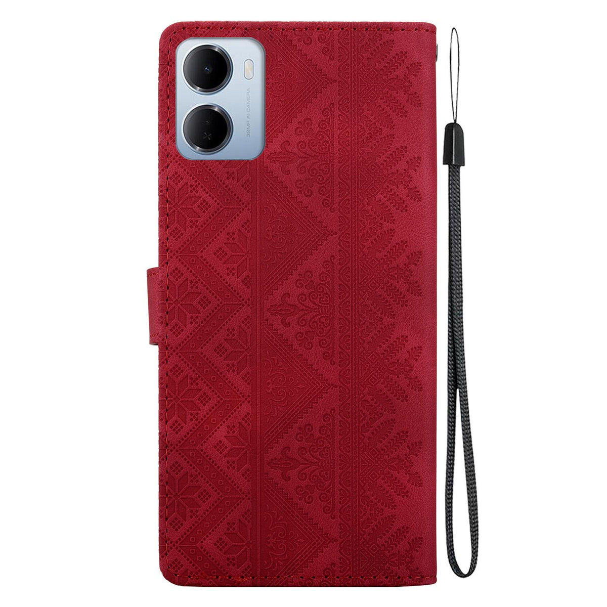 For Redmi 15a 5G Ethnic Pattern Embossed Vegan Leather Phone Case - Red - EDA009981006C