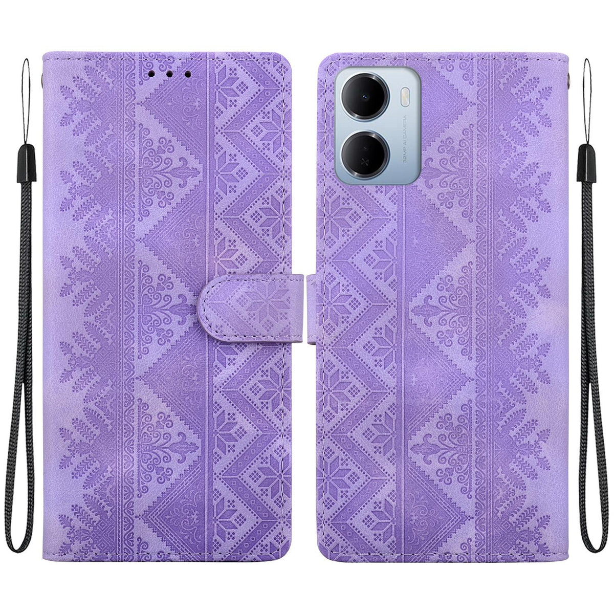 For Redmi 15a 5G Ethnic Pattern Embossed Vegan Leather Phone Case - Purple - EDA009981006D