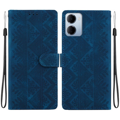 For Redmi 15a 5G Ethnic Pattern Embossed Vegan Leather Phone Case - Dark Blue - EDA009981006E