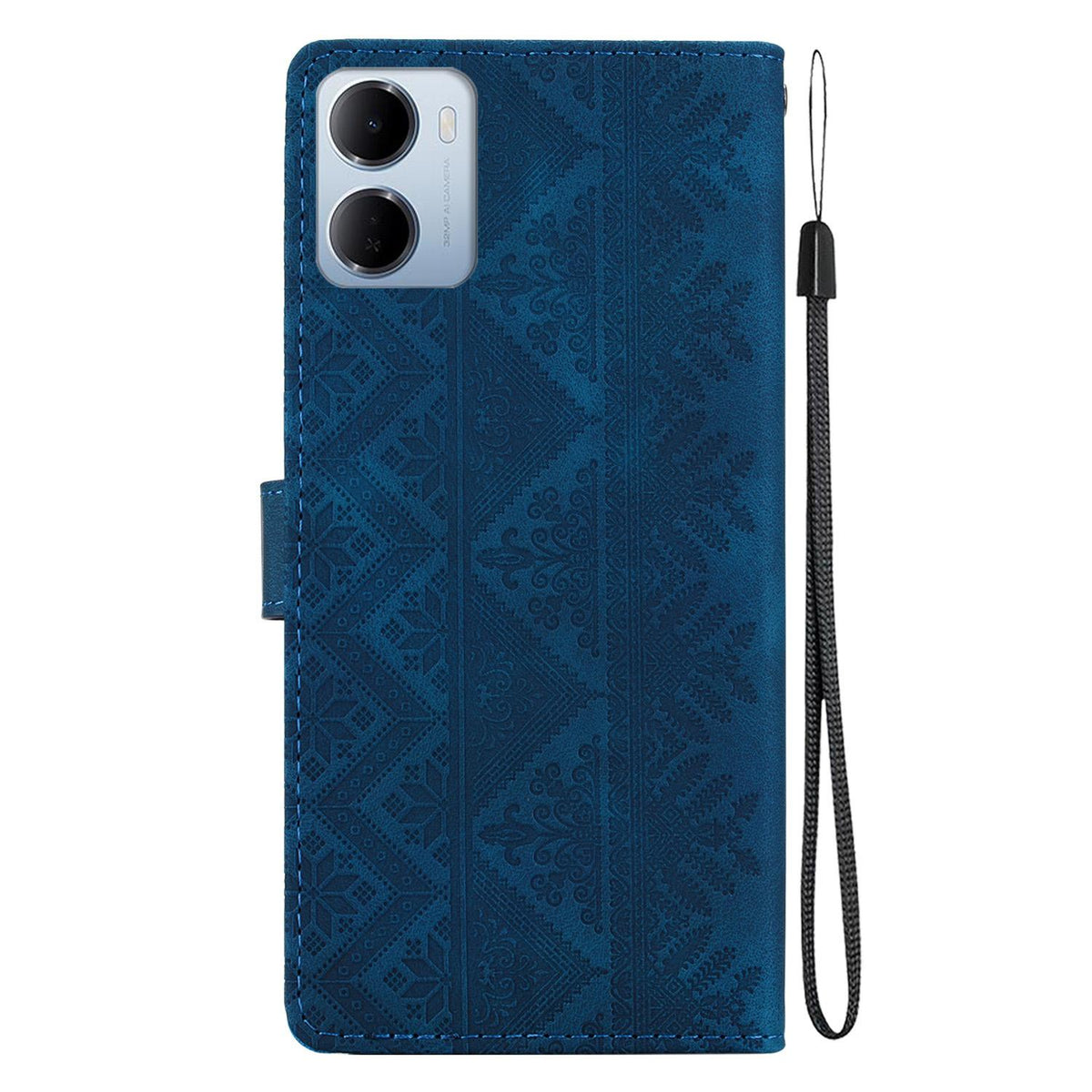 For Redmi 15a 5G Ethnic Pattern Embossed Vegan Leather Phone Case - Dark Blue - EDA009981006E