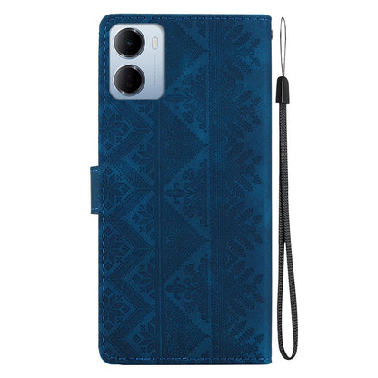 For Redmi 15a 5G Ethnic Pattern Embossed Vegan Leather Phone Case - Dark Blue - EDA009981006E