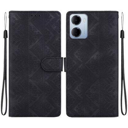 For Redmi 15a 5G Ethnic Pattern Embossed Vegan Leather Phone Case - Black - EDA009981006F