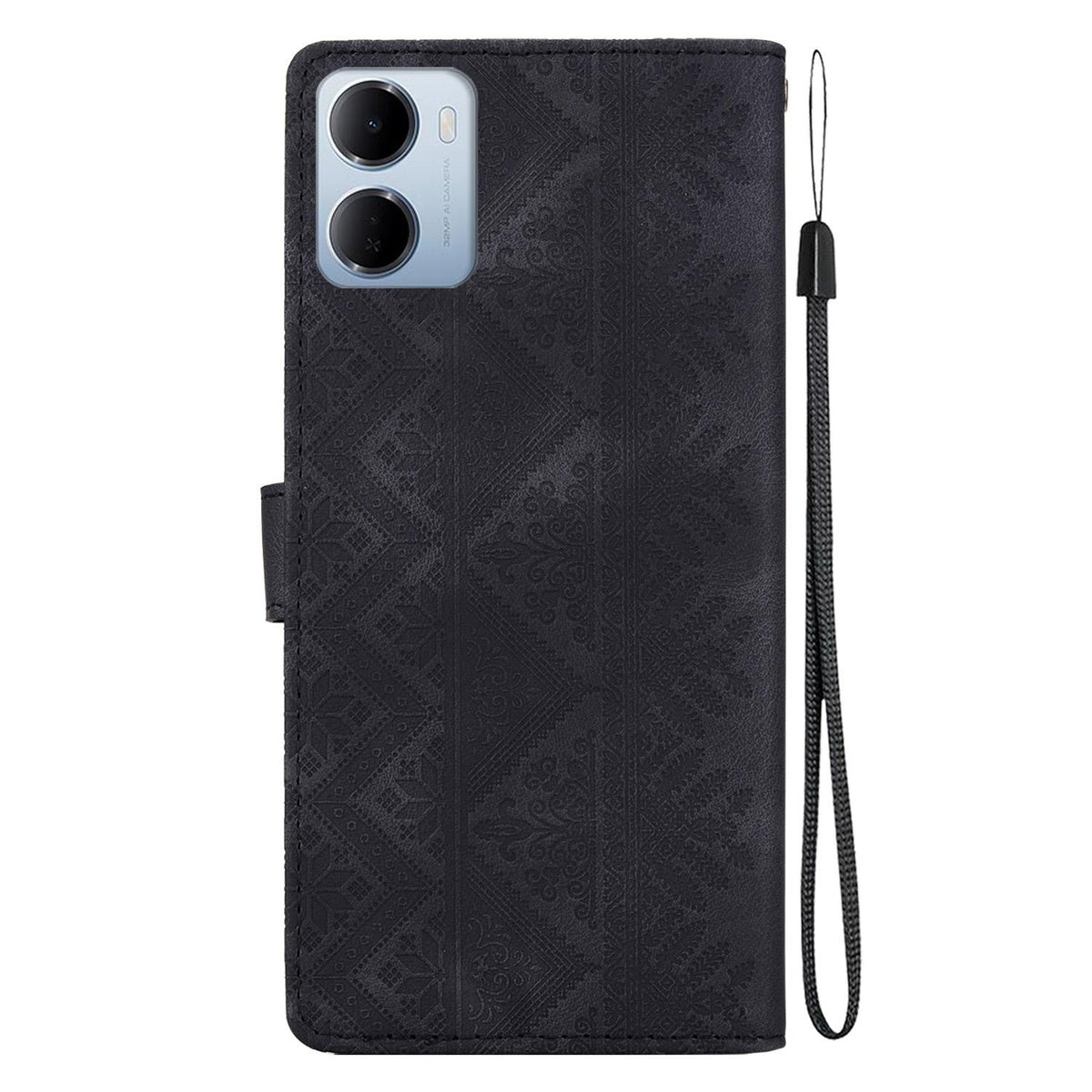 For Redmi 15a 5G Ethnic Pattern Embossed Vegan Leather Phone Case - Black - EDA009981006F